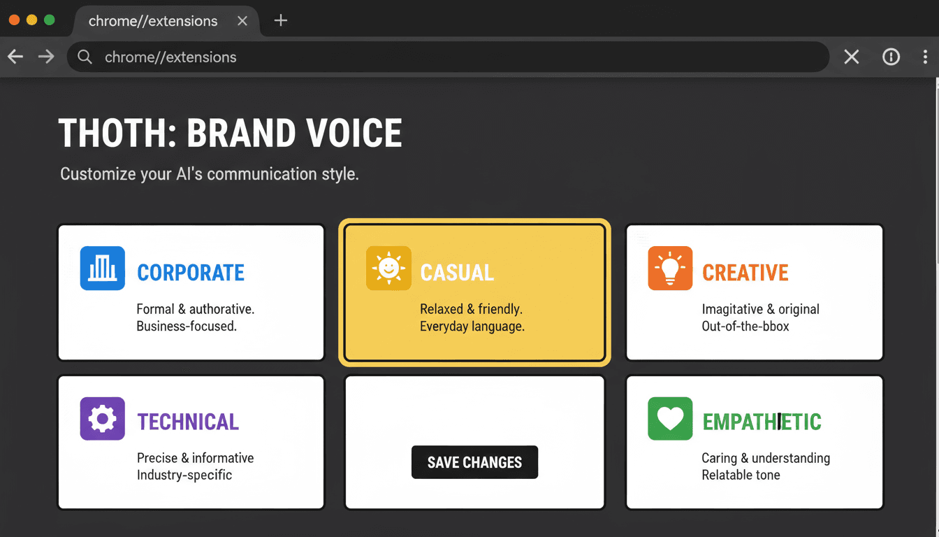 Thoth brand voice selector interface displaying five customization options