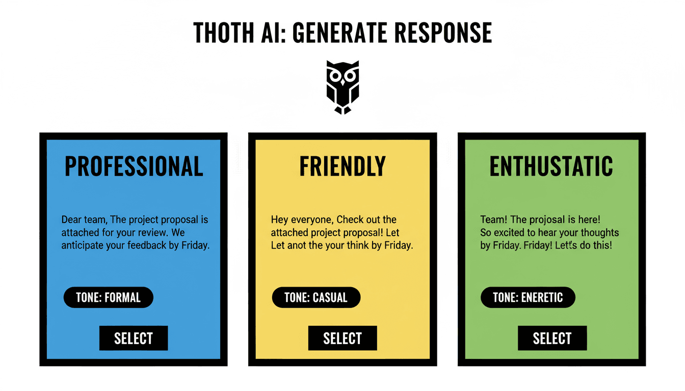 Thoth AI response generator showing three tone variations: Professional, Friendly, and Enthusiastic